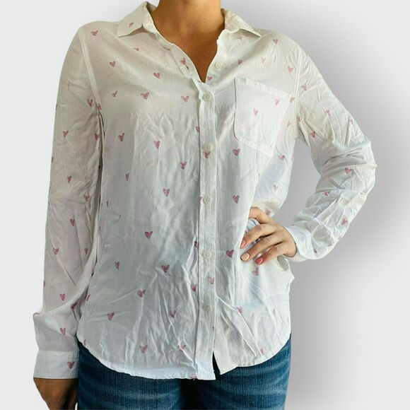 BeachLunchLounge Alanna Button Down Heart Print Long Sleeves White Viscose M - Picture 1 of 10